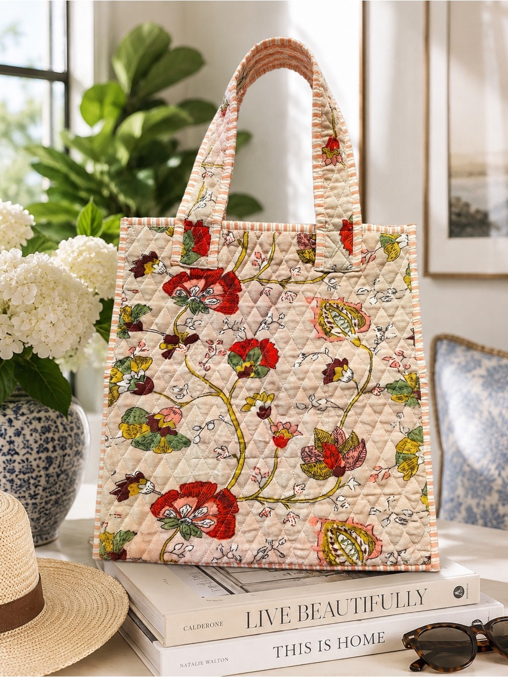 POL Quilted Floral Cotton Tote Bag Boho Botanical Print One Size NIB